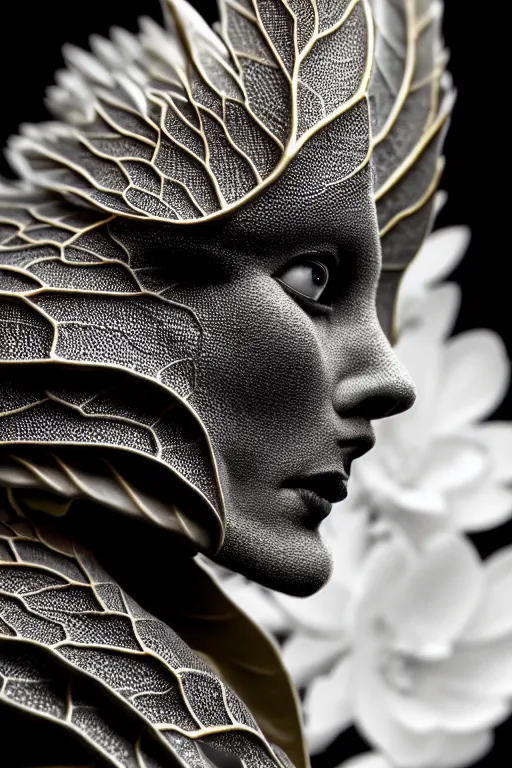 Image similar to monochrome close - up profile face, black background, beautiful porcelain vegetal - dragon - cyborg - female, beautiful natural soft rim light, silver gold details, magnolia leaves and stems, roots, mandelbot fractal, elegant, hyper real, ultra detailed, white metallic armour