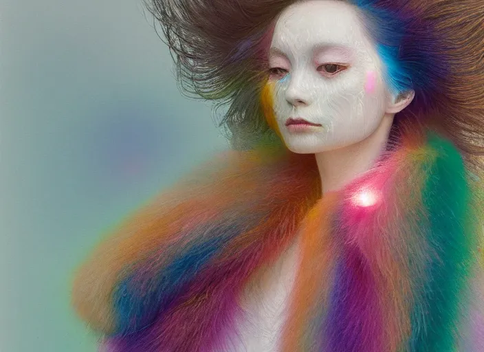 Image similar to portrait of woman with rainbow face in white fur coat, cynical realism, peter furguson painterly, yoshitaka amano, miles johnston, moebius, beautiful lighting, miles johnston, klimt, tendrils, in the style of, louise zhang, victor charreton, james jean, two figures, terrence malick