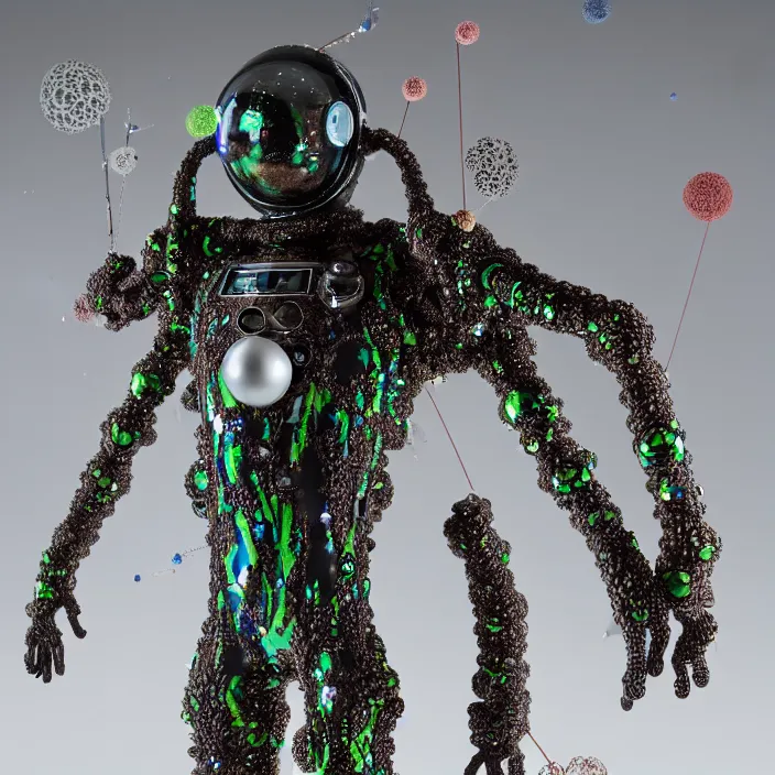 Image similar to a cybernetic symbiosis of a single astronaut mech-organic eva suit made of pearlescent wearing anodized thread knitted shiny ceramic multi colored yarn thread infected with kevlar,ferrofluid drips,carbon fiber,ceramic cracks,gaseous blob materials and diamond 3d fractal lace iridescent bubble 3d skin dotted covered with orb stalks of insectoid compound eye camera lenses orbs floats through the living room, film still from the movie directed by Denis Villeneuve with art direction by Salvador Dalí, wide lens,