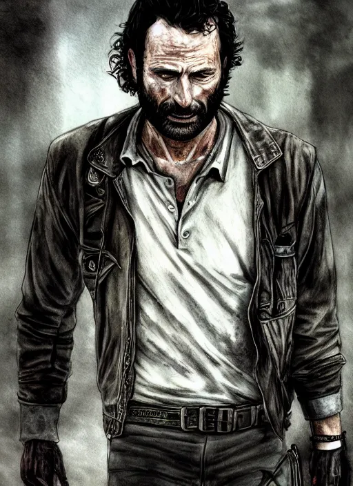 Image similar to portrait, Rick Grimes from The Walking Dead in the South Park universe, watercolor, dramatic lighting, cinematic, establishing shot, extremely high detail, foto realistic, cinematic lighting, pen and ink, intricate line drawings, by Yoshitaka Amano, Ruan Jia, Kentaro Miura, Artgerm, post processed, concept art, artstation, matte painting, style by eddie mendoza, raphael lacoste, alex ross