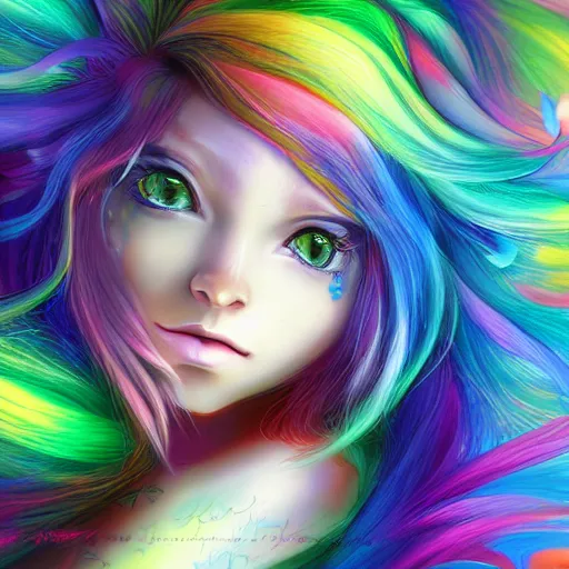 Prompt: catgirl with rainbow hair, digital art, by Yoshitaka Amano, trending on artstation, 4k, highly detailed, psychedelic