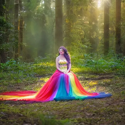 Prompt: a hyperrealistic photo of melynda moon, sitting in a colorful forest during the sunrise, wearing a long rainbow wedding gown