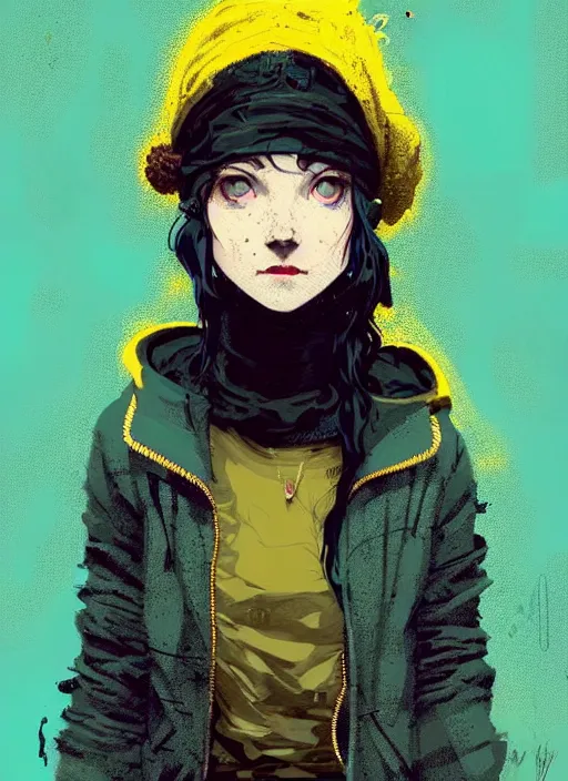 Image similar to highly detailed portrait of a sewer punk lady student, blue eyes, tweed hoody, hat, wavy hair by atey ghailan, by greg rutkowski, by greg, tocchini, by james gilleard, by joe fenton, by kaethe butcher, gradient yellow, black, brown and cyan color scheme, grunge aesthetic!!! ( ( graffiti tag street background ) )