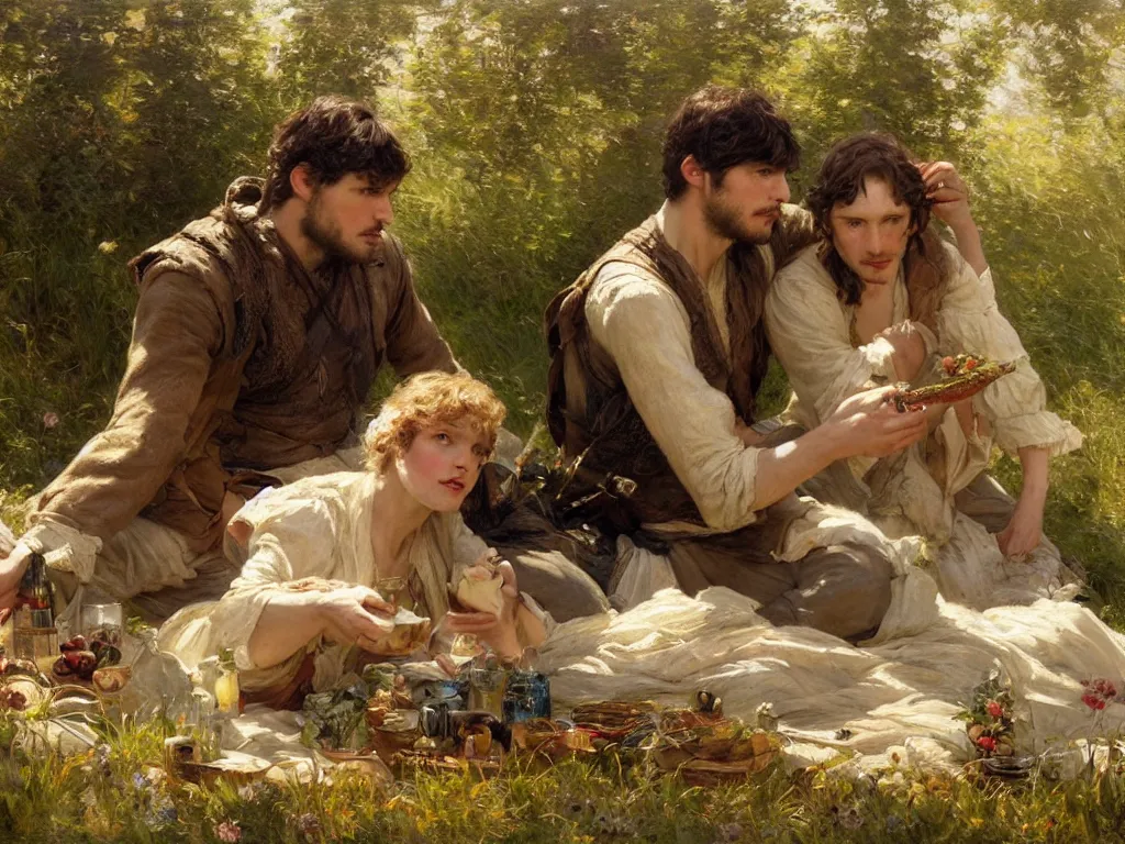 Prompt: attractive bradley - james and attractive colin - morgan go to a meadow to have a picnic. highly detailed painting by gaston bussiere, craig mullins, j. c. leyendecker 8 k