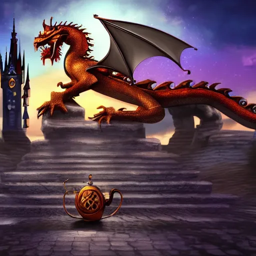 Image similar to dragon, artwork, ciberpunk, tower, clock, night, digital art, realistic, 8 k, hd, disney, ice cream, sad