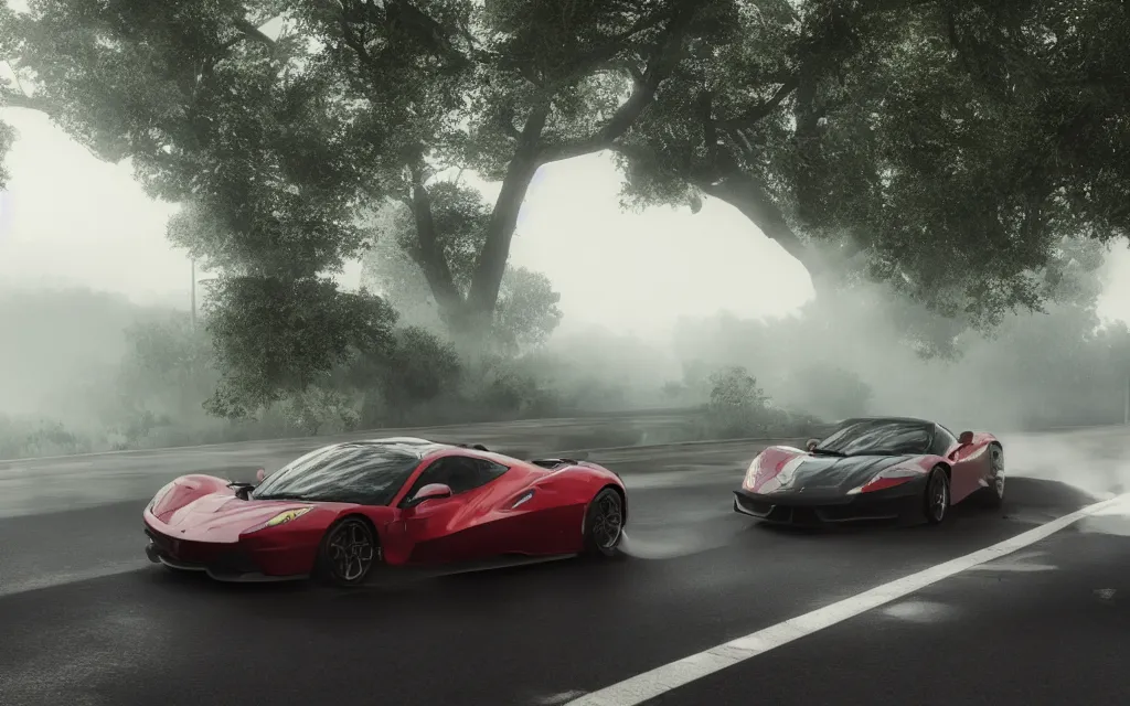 Image similar to a car going over seven thousand rmp, ford vs ferrari, atmospheric, mist, epic, photorealistic, realistic, rule of thirds, extremely detailed, 4 k, 8 k, unreal engine 5 render, rim lighting, rtx, ray traced lighting, shot on 3 5 mm, film grain, looking through a window frame