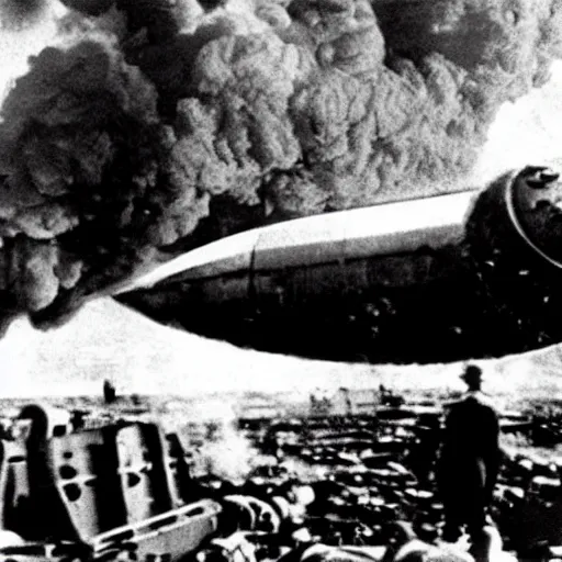 Image similar to iron man during the hindenburg disaster, grainy photo