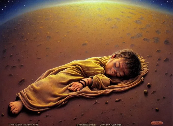 Prompt: realistic detailed image of a little small boy sleeping in a huge sand desert. a !!thin stream of sand!!! falls from the sky in to eternal eternity doom of outer space. by Ayami Kojima, Amano, Karol Bak, Greg Hildebrandt, and Mark Brooks, Neo-Gothic, gothic, rich deep colors. Beksinski painting, part by Adrian Ghenie and Gerhard Richter. art by Takato Yamamoto. masterpiece