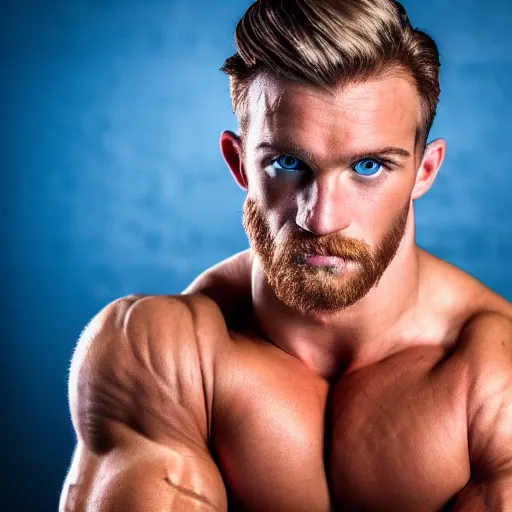 Prompt: photo of a close portrait of a handsome bodybuilder with blonde hair and blue eyes, studio lightning, 4 k, highly detailled