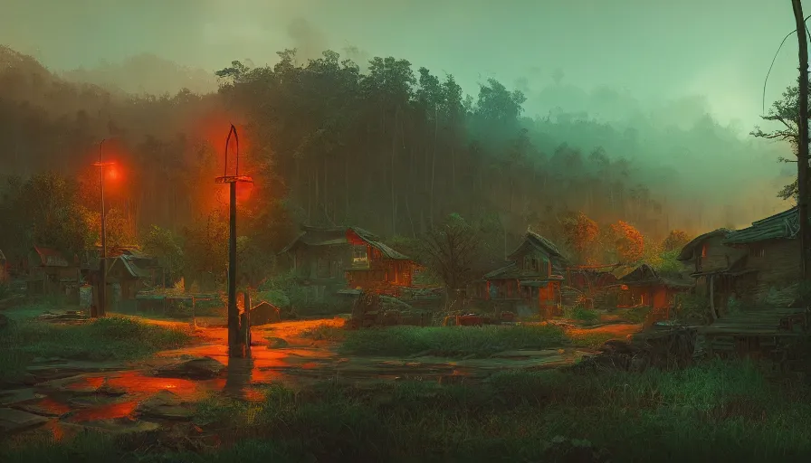 Prompt: kerala village, an epic fantasy, dramatic lighting, cinematic, establishing shot, extremely high detail, photorealistic, cinematic lighting, artstation, by simon stalenhag, horizon forbidden west