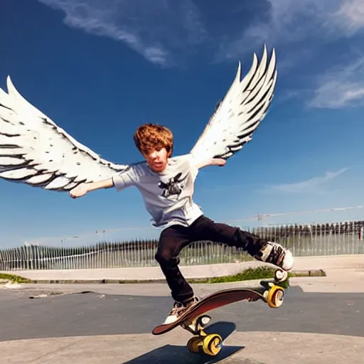Image similar to young skateboarder with Angel wings kickflip background the sky