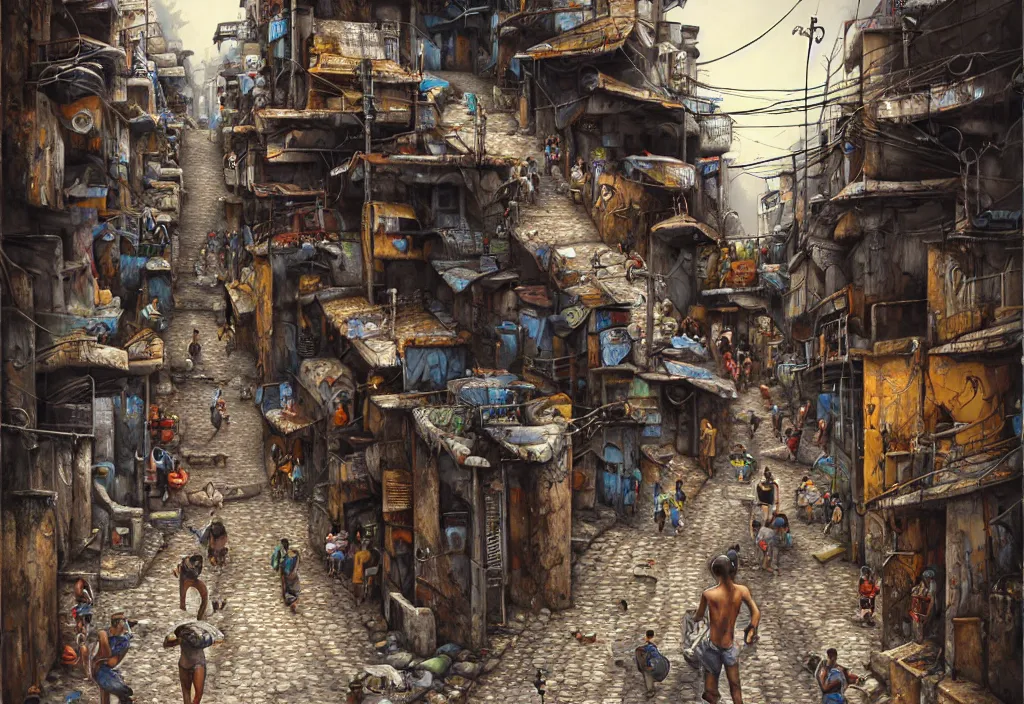 Prompt: photorealistic favela rocinha rio de janeiro with precise rendered alleys with intricate details of gun happy people in alley close view by Justin Gerard