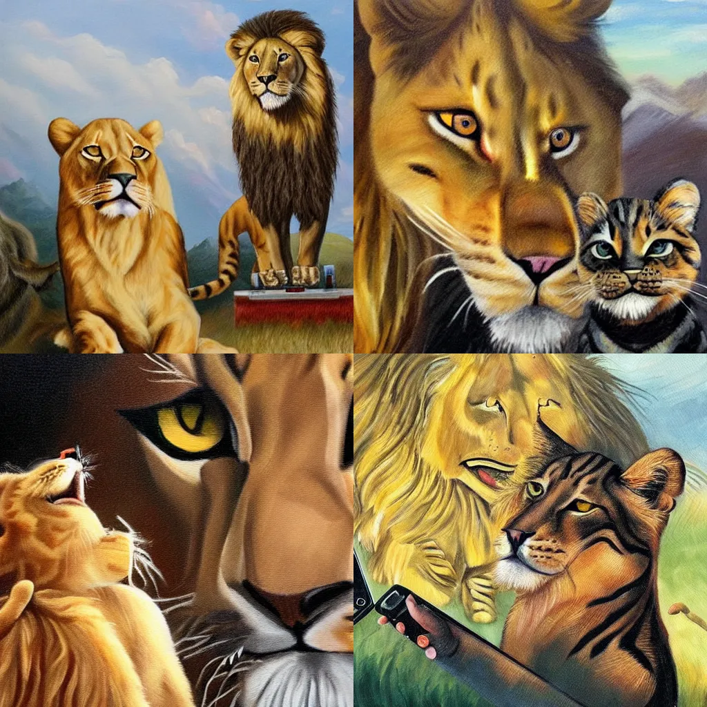 Prompt: a painting of a cat taking a selfie next to a lion
