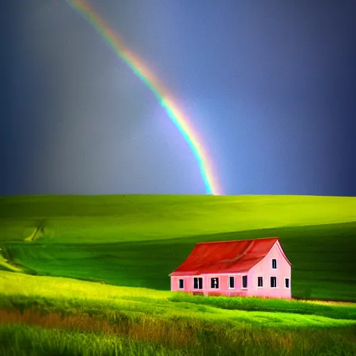 Image similar to farmhouse on a hill with a rainbow glitchy sky