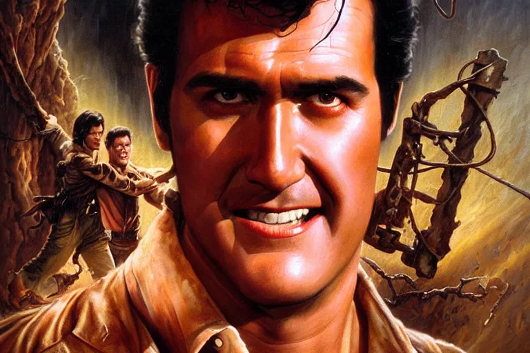 Prompt: portrait of young bruce campbell from evil dead as indiana jones in the temple of doom ( 1 9 8 4 ). oil painting elegant, highly detailed, centered, digital painting, artstation, concept art, smooth, sharp focus, illustration, artgerm, tomasz alen kopera, peter mohrbacher, donato giancola, joseph christian leyendecker drew struzan