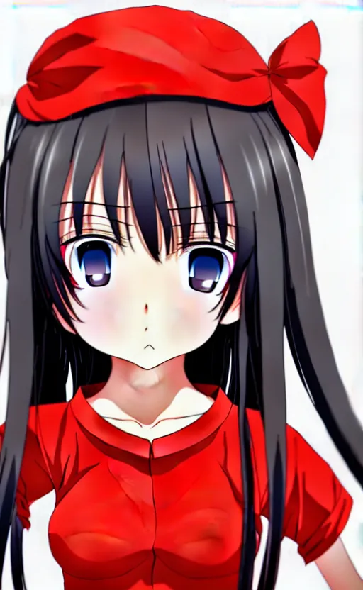 Prompt: anime girl in red outfit, detailed face, black hair, illustration