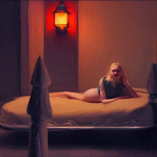 Image similar to Elle Fanning in hell at night in the world of Edward Hopper, stormy snowy weather, streetlights, extremely detailed masterpiece, oil on canvas, low-key neon lighting, artstation, Blade Runner 2049, Roger Deakin’s cinematography, by J. C. Leyendecker and Peter Paul Rubens,