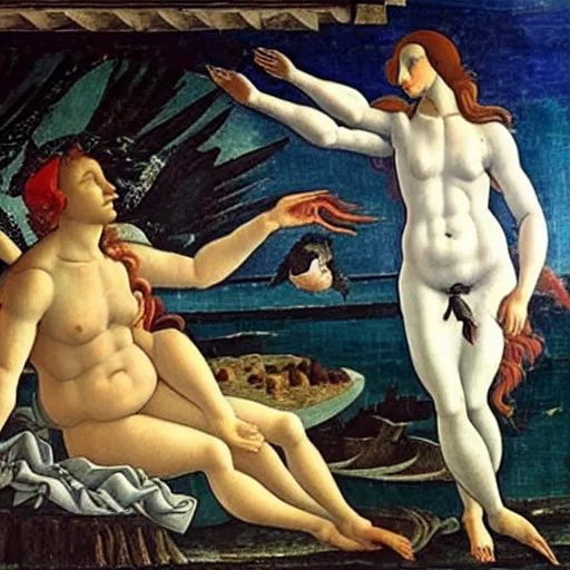Prompt: high quality oil painting by botticelli, birth of venus with a raven bird