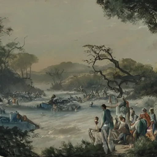 Image similar to a cinematic painting of alien tentacles emerging from the water of a river, hoards of people are gathering around the riverbed, wind blowing the leaves from the trees