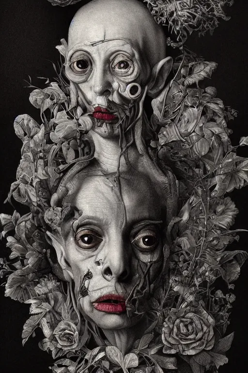 Image similar to Detailed maximalist portrait of a beautiful old woman with large lips and eyes, scared expression, botanical skeletal with extra flesh, HD mixed media, 3D collage, highly detailed and intricate, surreal illustration in the style of Caravaggio, dark art, baroque, centred in image