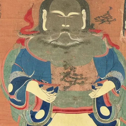 Image similar to found footage of a goryeo Buddhist painting representing a giant monster eating metal