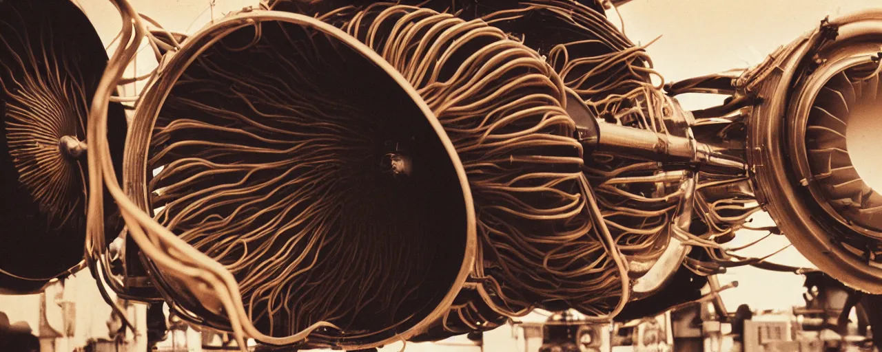 Image similar to a jet engine with spaghetti exhaust, canon 5 0 mm, cinematic lighting, photography, retro, film, kodachrome