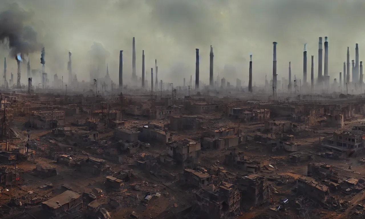 Prompt: ground level shot of dirty polluted derelict destroyed city with smoke stacks in the distance by Andrei Riabovitchev and Craig Mullins, 8k, hyperrealism, hyper realistic, highly detailed, octane render, award winning photography, artstation, cgsociety, concept art, conceptartworld, volumetric lighting, cinematic lighting, cinematic composition