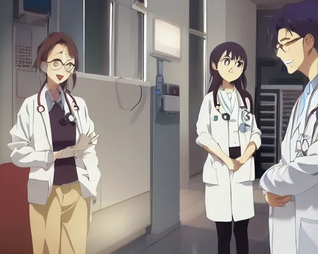 Image similar to a cute and beautiful young female doctor wearing white coat are talking with an old professor in a hospital, slice of life anime, lighting, anime scenery by Makoto shinkai