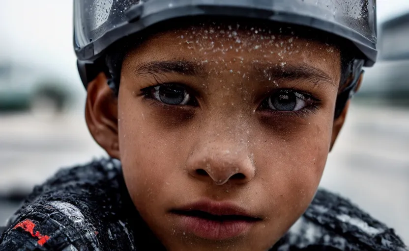 Image similar to cinestill 5 0 d candid photographic portrait by helen levitt of a mixed teen wearing rugged black mesh techwear riding on a dirtbike through an airport under siege, extreme closeup, modern cyberpunk moody emotional cinematic, snow storm, 8 k, hd, high resolution, 3 5 mm, f / 3 2, ultra realistic faces, ex machina