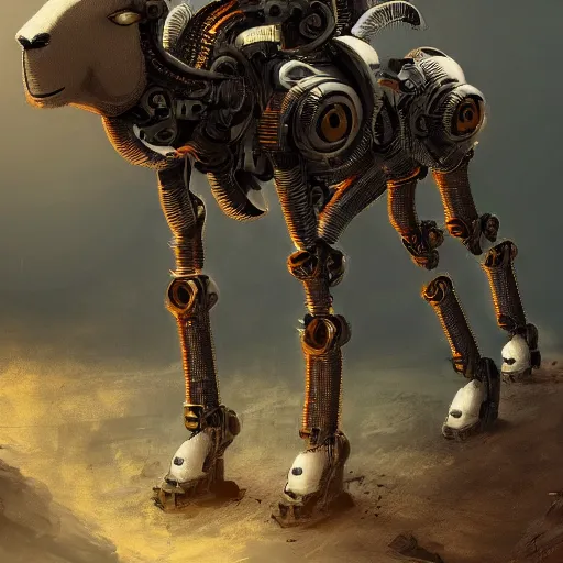 Image similar to robot ram sheep, intricate, sinister, futuristic, ultra realistic, hyper detailed, cinematic, digital art, artstation, trending,