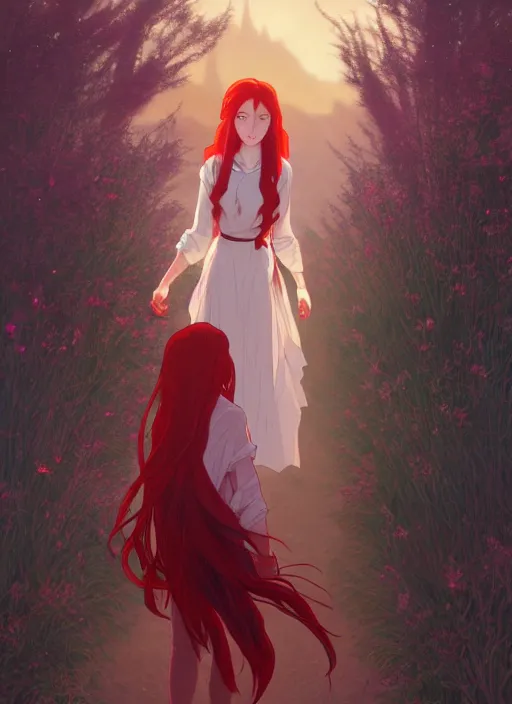 Image similar to pretty young woman with long red hair walking in the darkness, path traced, highly detailed, high quality, digital painting, by studio ghibli and alphonse mucha, leesha hannigan, makoto shinkai, disney