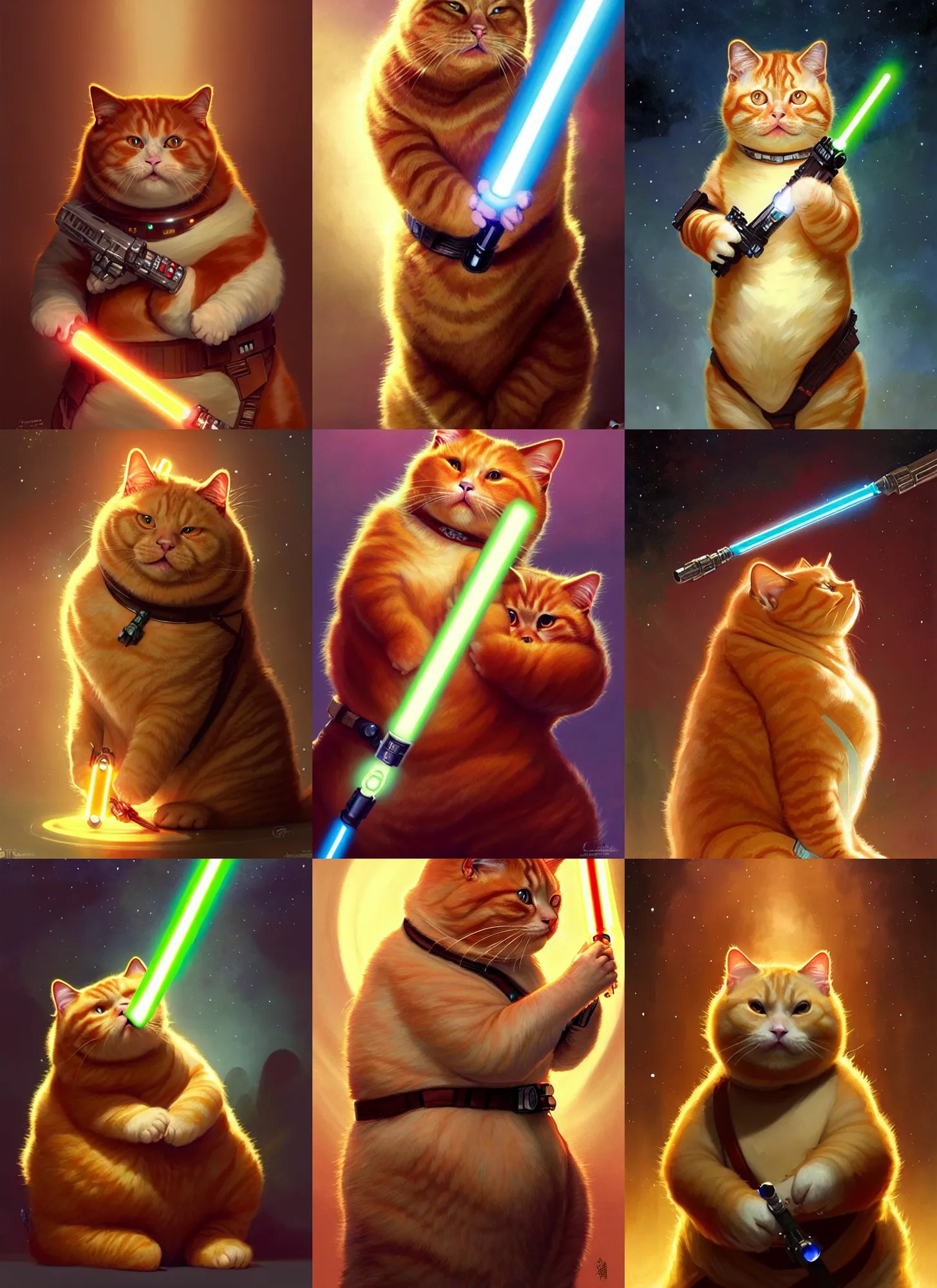 Prompt: a fat ginger cat holding a lightsaber, fight, star wars, beautiful glowing lights, sci - fi, stunning, intricate, elegant. highly detailed, digital painting. artstation. smooth. sharp focus. illustration. art by artgerm and greg rutkowski and alphonse mucha