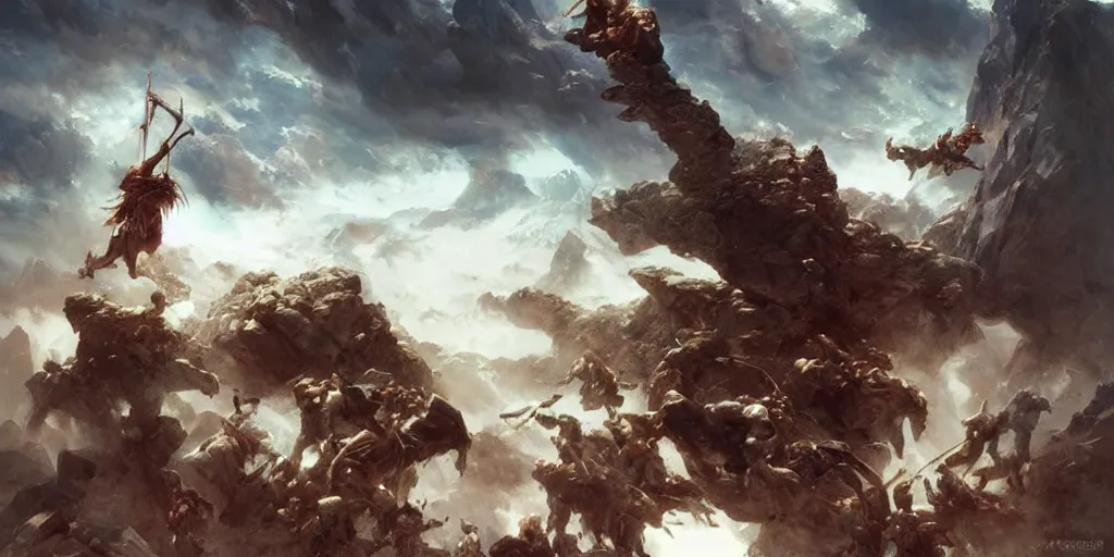 Prompt: epic battle barbarian norse gods thunder inverted individual rocks hanging from the sky two worlds facing each other horizontal symmetry inception good composition artstation illustration sharp focus sunlit vista painted by ruan jia raymond swanland lawrence alma tadema zdzislaw beksinski norman rockwell tom lovell alex malveda greg staples