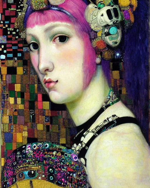 Prompt: a close up of beautiful decora cybergoth emo girl wearing a balaclava surrounded by colourful intricate patterns, by gustave klimt edgar maxence and caravaggio and michael whelan, intricate painting, hyper realistic, extremely detailed and beautiful aesthetic face, inside maximalist baroque vaporwave royalty frames