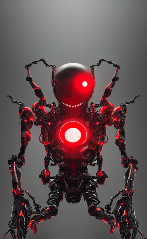 Prompt: a robot humanoid spider with 4 arms with claws, glowing red eyes, in a black carbon and red fiber armor, smiling creepily, dynamic lighting, photorealistic fantasy concept art, trending on art station, stunning visuals, creative, cinematic, ultra detailed
