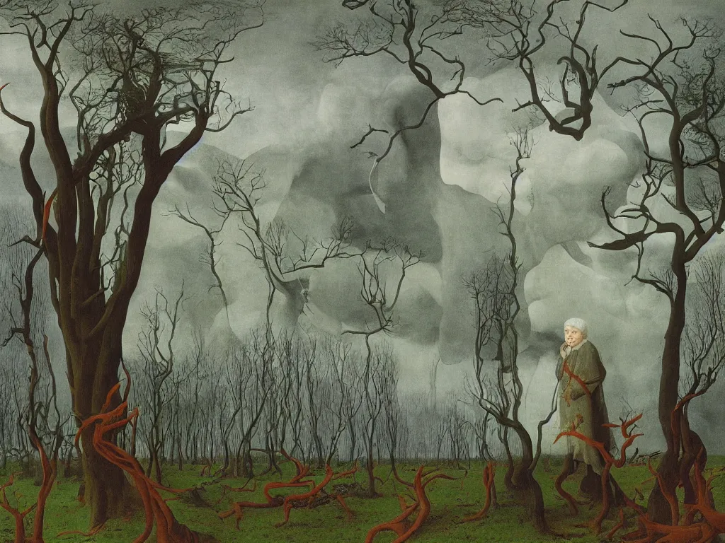 Image similar to Albino mystic with the back turned, with forest landscape flooded by a tsunami, giant wave. Painting by Jan van Eyck, Audubon, Rene Magritte, Agnes Pelton, Max Ernst, Walton Ford