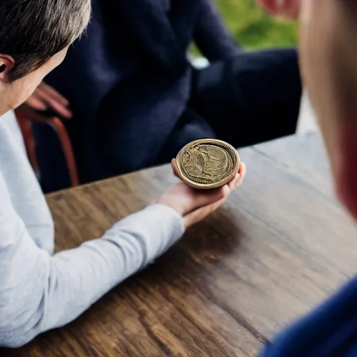 Image similar to photograph of man flipping a coin, wife in the background, DSLR photography