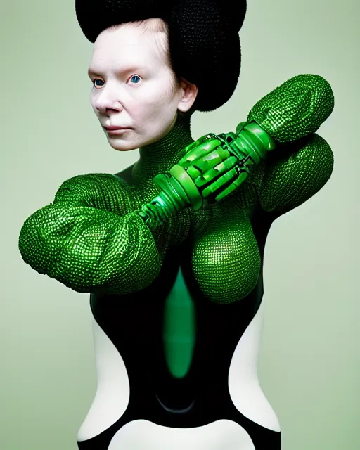 Prompt: portrait of a woman wearing a green embroidered translucent silicone mask and white frizzy hair buns, wearing a black bodysuit by alexander mcqueen, cream white background, soft diffused light, biotechnology, humanoide robot, bjork aesthetic, translucent, by rineke dijkstra, intricate details, highly detailed, masterpiece,