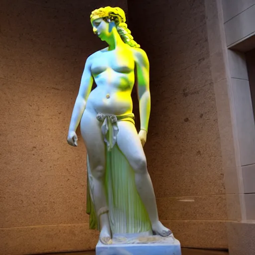 Prompt: Greek marble statue of a beautiful goddess covered in neon paint at a museum.