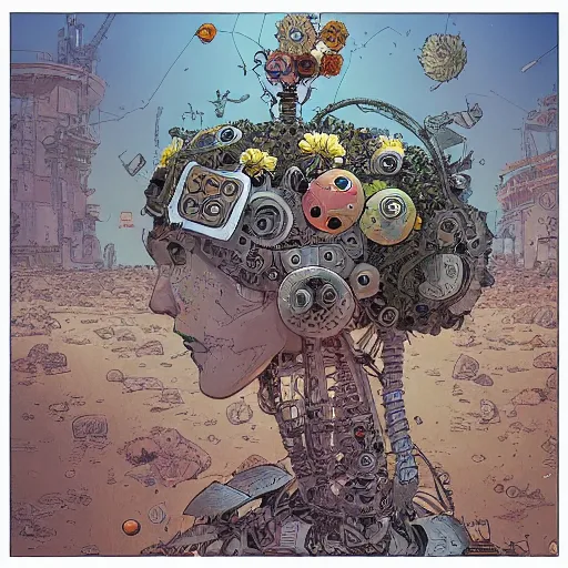 Image similar to hyper detailed comic illustration of a beautiful flower growing inside an abandoned robot\'s head, by Josan Gonzalez and Geof Darrow, highly detailed, 8k wallpaper