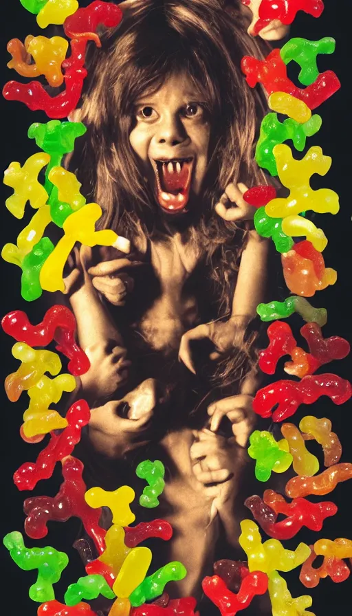 Prompt: horror movie poster about gummy bears and gummy worms