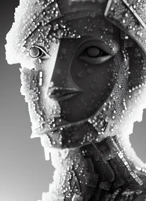 Image similar to a young female cyborg bust made of ice and smoke and wind, dramatic, ilford hp 5, closeup - view, f / 2. 8, high contrast, 1 6 k, fluorescent lamp, contre - jour, insanely detailed and intricate, hypermaximalist, elegant, ornate, hyper realistic, super detailed