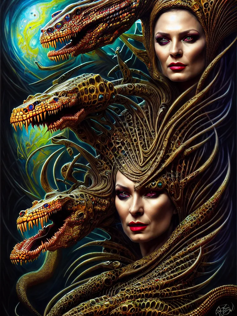 Prompt: cinematic fullbody portrait. complex hyper-maximalist overdetailed cinematic cosmic scifi portrait of an elegant very attractive but wild and dangerous reptilian goddess by andrei riabovitchev, tomasz alen kopera, oleksandra shchaslyva. Omnious intricate. Secessionist portrait illustration. Poison goddes. Focus on face. Artstation. Deviantart. 8k 4k 64megapixel. Rendered by binx.ly.