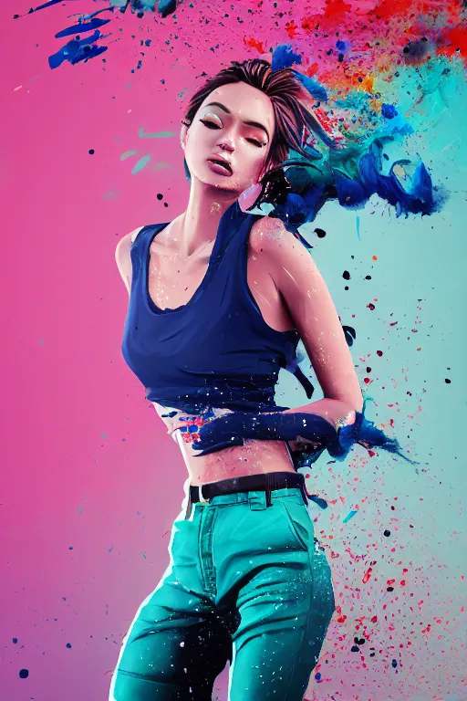 Image similar to a award winning half body portrait of a beautiful woman in a croptop and cargo pants with ombre navy blue teal hairstyle with head in motion and hair flying, paint splashes, splatter, outrun, vaporware, shaded flat illustration, digital art, trending on artstation, highly detailed, fine detail, intricate