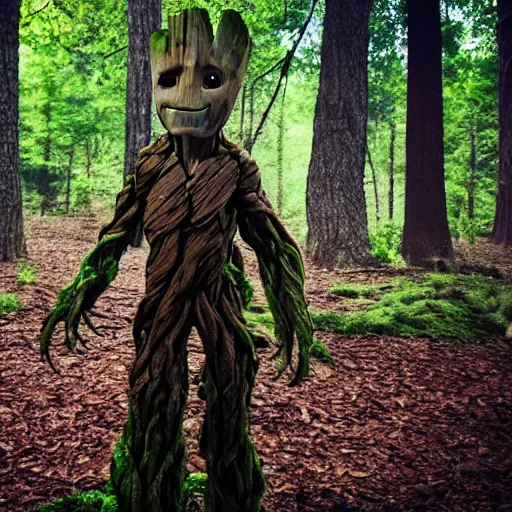 Prompt: I am groot in the woods, movie still, photography, DSLR 35mm, low light photography, happy