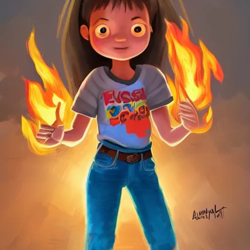 Image similar to Concept art of a 12yo cute indigenous little girl Pixar-style with a white t-shirt with red sleeves and regular blue jeans with cool shoes, her hair and eyes are imbued with fire powers trending on artstation Even Amundsen