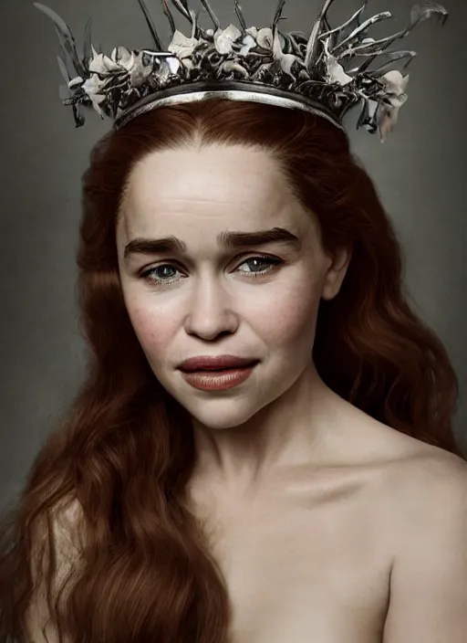 Prompt: oil on canvas portrait of Emilia Clarke as a ethereal ginger beauty with an orchid crown, whole skin of silver smooth, zenithal lighting, photo studio composition, by Alina Ivanchenko Hirothropologie and Patrick DeMarchelier .
