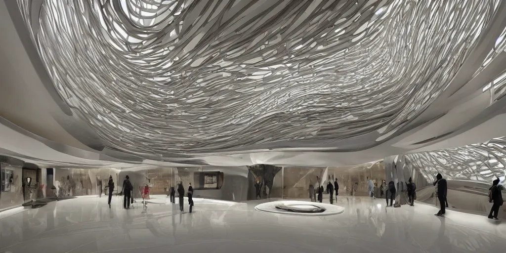 Image similar to extremely detailed ornate stunning beautiful elegant futuristic museum lobby interior by Zaha Hadid