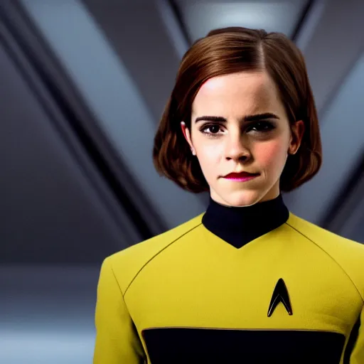 Image similar to Emma Watson in Star Trek, XF IQ4, f/1.4, ISO 200, 1/160s, 8K, Sense of Depth, color and contrast corrected, RAW, Dolby Vision, symmetrical balance, in-frame