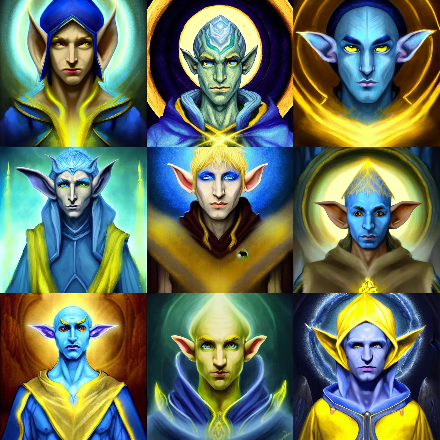 Prompt: A blue skinned male elf with yellow eyes, noble, scholar, clad in robes, forwards facing, centered, fair, fantasy concept art, beautiful, mystical eyes, magical lighting, mystical, shimmers, nature, oil painting